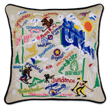 Ski Utah hand embroidered pillow with black velvet piping