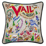 Vail hand embroidered pillow with black velvet piping