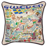 Sweden hand embroidered pillow with black velvet piping