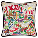 Switzerland hand embroidered pillow with black velvet piping