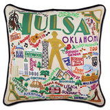 Tulsa hand embroidered pillow with black velvet piping