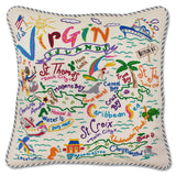Virgin Islands hand embroidered pillow with blue ticking
