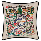 Washington hand embroidered pillow with black velvet piping