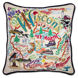 Wisconsin hand embroidered pillow with black velvet piping
