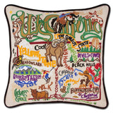Wyoming hand embroidered pillow with black velvet piping