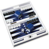 Navy and white lacquer backgammon set with 16 black and white checker pieces, 2 blue leather dice cups, 2 white dice and 2 black dice  