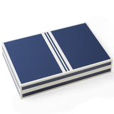 Closed box of the navy and white lacquer backgammon set