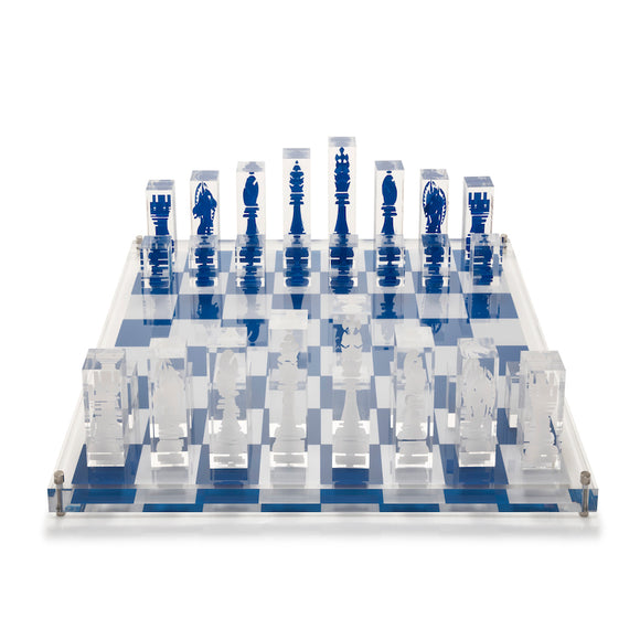 Blue and white acrylic chess set with screen printed pieces