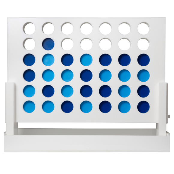 4 in row game: white acrylic board with dark blue and light blue pieces