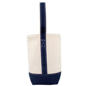 Canvas double wine tote with navy base and handles and His and Hers monogram. Single canvas drawstring wine tote with navy base and handles and New Canaan monogram