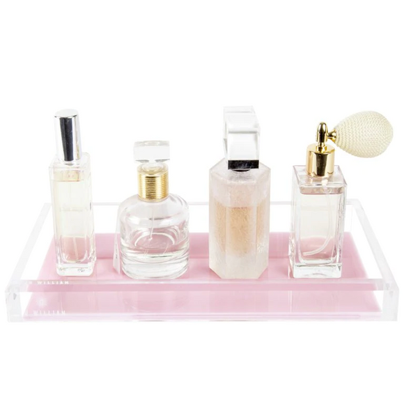 Acrylic Tray with riverside rose base displaying perfume bottles