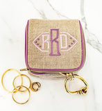 Natural textured linen single jewelry case with pale pink smooth piping and georgianna monogram 