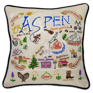 Aspen ski hand embroidered pillow with black velvet piping