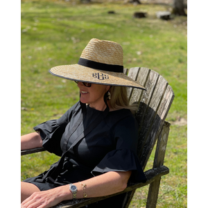 BB Straw Hats shown as cream ribbon with initials on band, black ribbon with diamond monogram on brim and brown ribbon with initials on band.