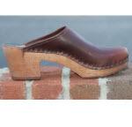 Ladies monogrammed clog with brown wooden high heel