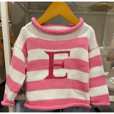Children's pink and white stripe letter sweater with dark pink E letter
