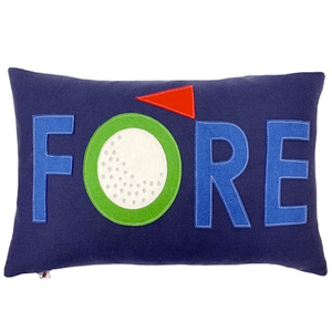 Blue cotton canvas pillow with Fore made out of merino wool appliques. The "O" in Fore is a golf ball and there is also a red flag made out of wool fabric.