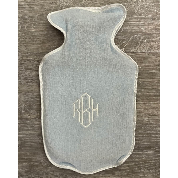 Light Blue with white trim hot water bottle cover with white modern diamond monogram 