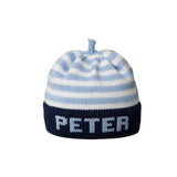 blue and white stripe child's personalized knitted hat