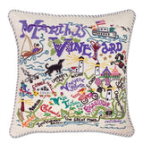 Marthas Vineyard hand embroidered pillow with blue ticking