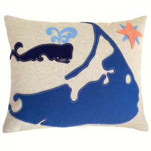 Nantucket map pillow with blue island and whale
