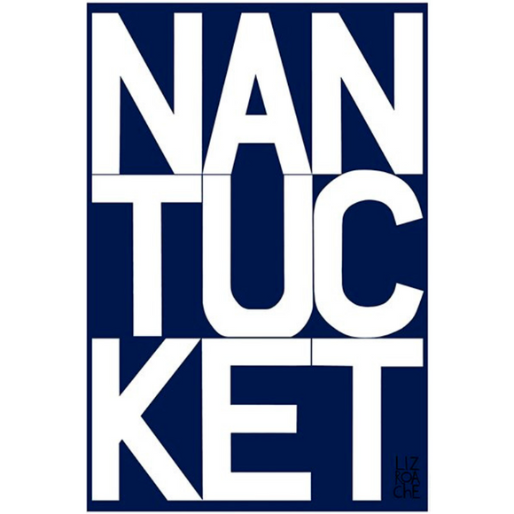 Nantucket print with navy background and white letters