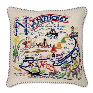 Nantucket hand embroidered pillow with blue ticking
