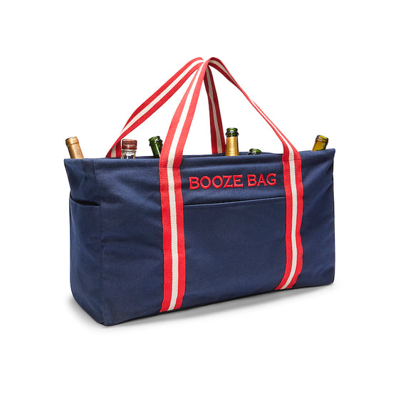 Navy cotton canvas Booze Bag with red and white cotton webbing handles. Copperplate all cap monogram in red. 
