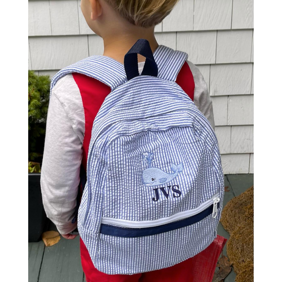 Children's Seersucker Backpack in navy with monogram