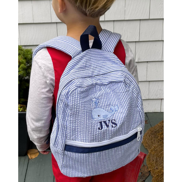 Baby Blue Seersucker Small Backpack with Monogram- your favorite bag!