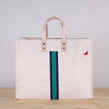 Natural cotton canvas tote with navy and green stripe and leather  handles 