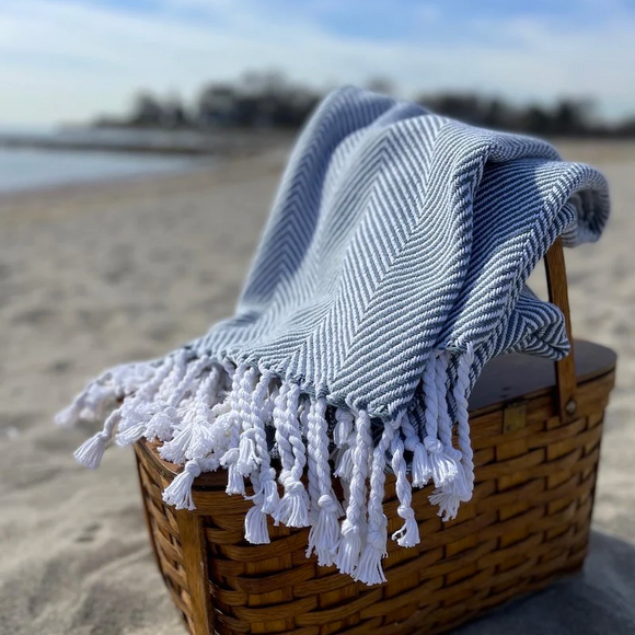 Cadet blue and white Summer Cotton Blanket with hand knotted fringe.