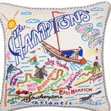 The Hamptons hand embroidered pillow with blue ticking