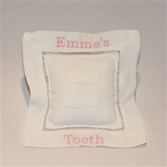 White tooth fairy pillow with rose bookman upper and lower case monogram