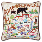 Adirondacks hand embroidered pillow with brown velvet piping