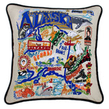 Alaska hand embroidered pillow with black velvet piping