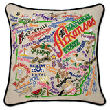 Arkansas hand embroidered pillow with black velvet piping