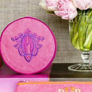 Hand Embroidered Round Jewelry Case in pink with purple