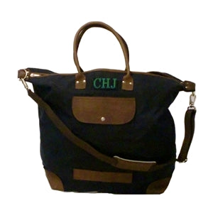 Navy waxed cotton weekend bag with green monogram