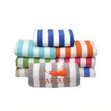 Aqua, Gray, Navy and Periwinkle beach towel. Grey beach towel has orange times large all caps monogram with orange nantucket island icon