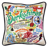 Berkshires hand embroidered pillow with black velvet piping
