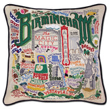 Birmingham hand embroidered pillow with black velvet piping