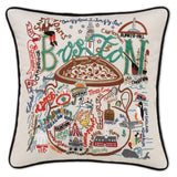 Boston hand embroidered pillow with black velvet piping