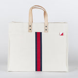 Natural cotton canvas tote with navy and red stripe and leather handles 