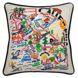 California hand embroidered pillow with black velvet piping