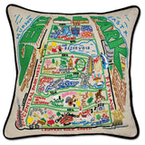 Central Park hand embroidered pillow with black velvet piping