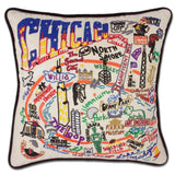 Chicago hand embroidered pillow with black velvet piping