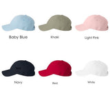Ball cap color choices: baby blue, khaki, light pink, navy, red and white