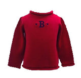 Red rollneck sweater with navy monogram