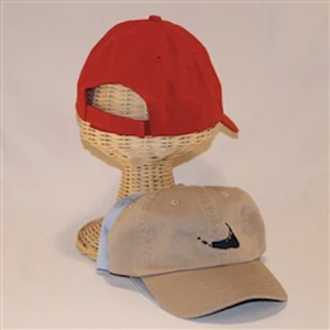 Red and Khaki children's ball cap. Khaki ball cap has navy island icon.